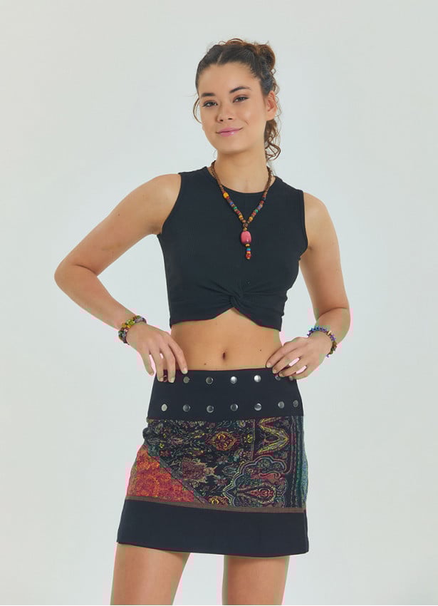 Snap Closure Patchwork Wrap Black Mini Skirt 4669